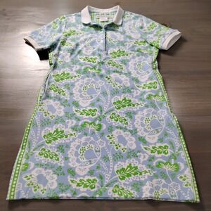 Gretchen Scott Shirt Dress Womens M Blue Green Floral Serve It up Short Sleeve